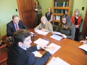 The tedious business of democracy. Clockwise from front: Director of Elections WIll Senning, Secretary of State Jim Condos, Crystal Zevon of the Liberty Union Party, and Kelly Mangan of the Progressive Party. (And at right rear, former Free Press reporter Nancy Remsen.)